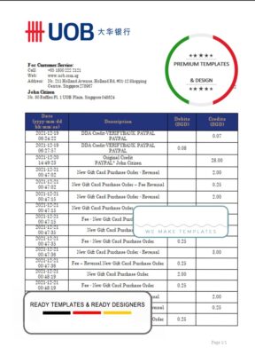 Singapore UOB bank statement template in Word and PDF format