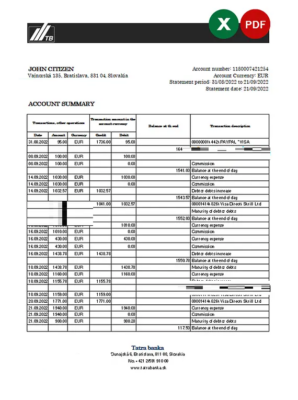 Slovakia Tatra bank statement, Excel and PDF template, version 2