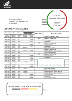 Slovakia Tatra Bank statement template, Word and PDF format (.doc and .pdf)