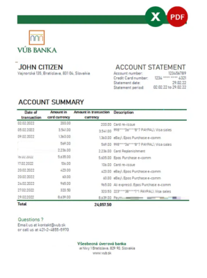 Slovakia VUB bank statement, Excel and PDF template