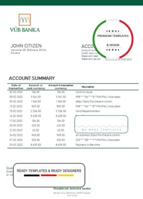 Slovakia VUB Bank statement template, Word and PDF format (.doc and .pdf)