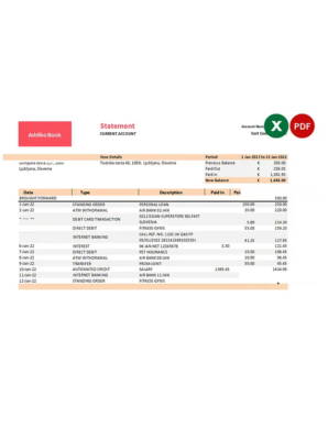 Slovenia Addiko bank statement, Excel and PDF template