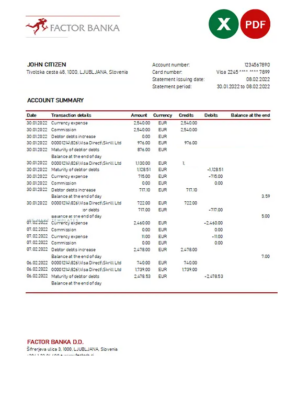 Slovenia Factor Banka bank statement template in Word and PDF format