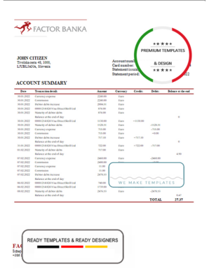 Slovenia Factor Banka bank statement template in Word and PDF format