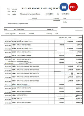 SOMALI SALAAM SOMALI bank statement Word and PDF template