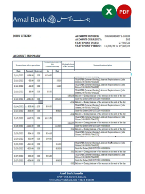 Somalia Amal bank statement, Excel and PDF template