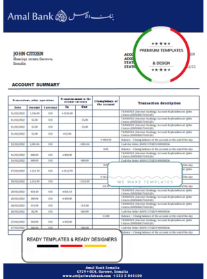 Somalia Amal bank statement template in Word and PDF format