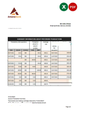 Somalia Amana bank statement, Excel and PDF template