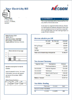 Somalia NESCOM Company electricity utility bill template in Word and PDF format