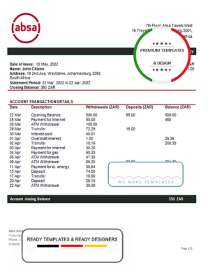 South Africa ABSA bank statement template in Word and PDF format