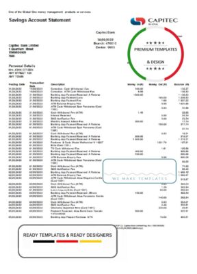 South Africa Capitec bank savings account statement template in Word and PDF format