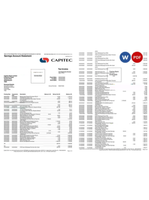 South Africa Capitec bank savings account statement, Word and PDF template, 4 pages