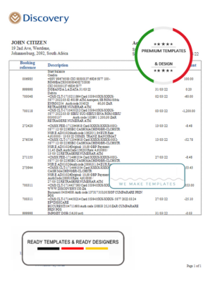 South Africa Discovery Bank statement easy to fill template in Word and PDF format