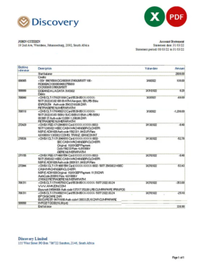 South Africa Discovery bank statement, Excel and PDF template