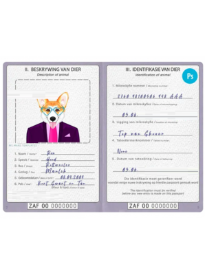 South Africa dog (animal, pet) passport PSD template, fully editable