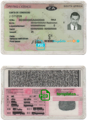 South Africa driving license template in PSD format