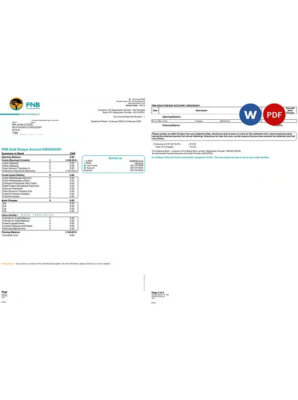 South Africa First National Bank (FNB) bank statement, Word and PDF template, 2 pages