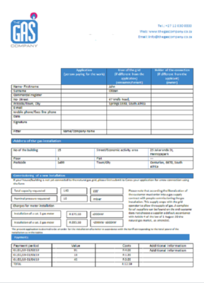 South Africa The GAS Company gas utility bill template in Word and PDF format