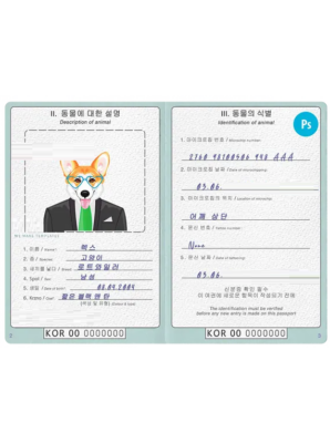 South Korea dog (animal, pet) passport PSD template, fully editable