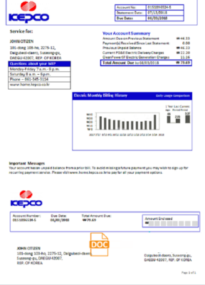 South Korea Electric Power Corporation electricity utility bill template in Word and PDF format