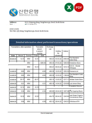 South Korea Shinhan bank statement, Excel and PDF template