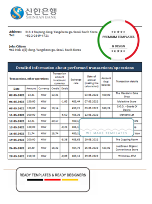 South Korea Shinhan bank statement template in Word and PDF format