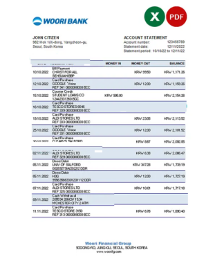 South Korea Woori bank statement, Excel and PDF template