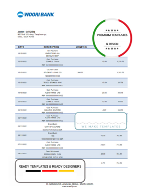 South Korea Woori bank statement template in Word and PDF format