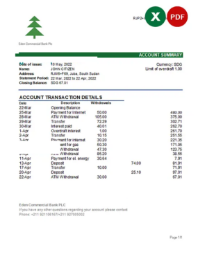 South Sudan Eden Commercial Bank statement, Excel and PDF template