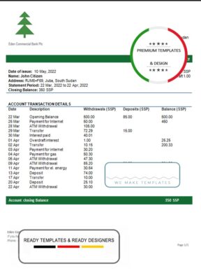 South Sudan Eden Commercial bank statement template in Word and PDF format