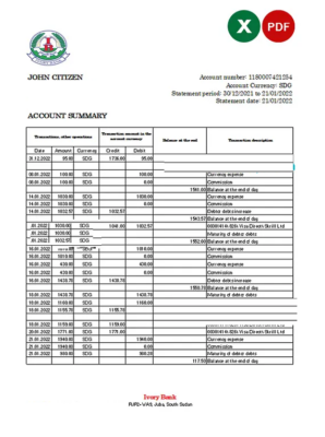 South Sudan Ivory Bank statement, Excel and PDF template