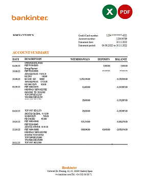 Spain Bankinter bank statement, Excel and PDF template