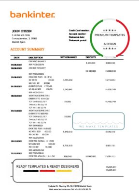 Spain Bankinter bank statement template in Word and PDF format