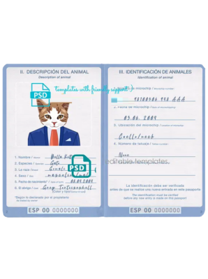 Spain cat (animal, pet) passport PSD template, completely editable