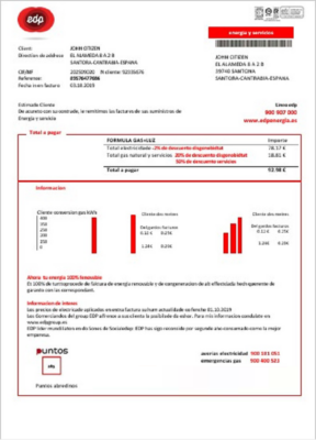 Spain EDP Energia utility bill template in Word and PDF format