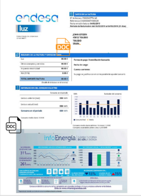 Spain Endesa luz utility bill template in Word and PDF format