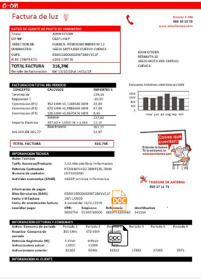 Spain E.ON electricity utility bill template in Word and PDF format