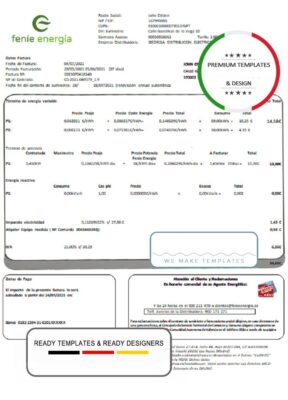 Spain Feníe Energía utility bill template in Word and PDF format