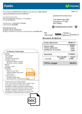 Spain Movistar Fusion telecom operator utility bill document in Word and PDF format