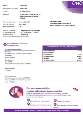 Spain ONO easy fillable utility bill template in Word and PDF format (.doc and .pdf)