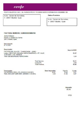 Spain Renfe utility bill template in Word and PDF format