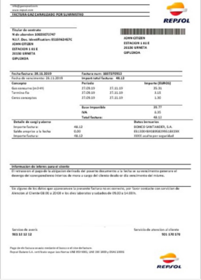 Spain Repsol gas utility bill template in Word and PDF format