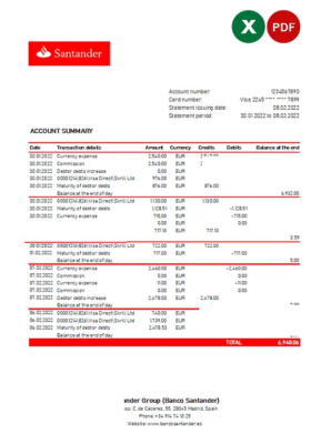 Spain Santander bank statement, Excel and PDF template