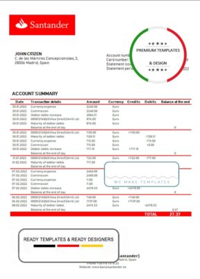 Spain Santander bank statement template in Word and PDF format, version 2