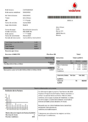 Spain Vodafone telecommunications utility bill template in Word and PDF format