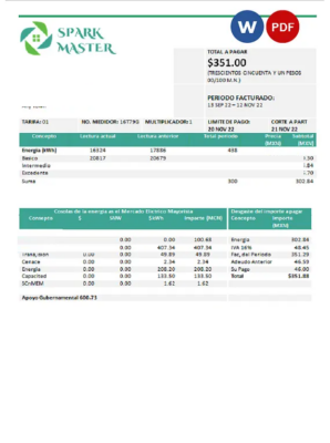 # spark master universal multipurpose utility bill, Word and PDF template