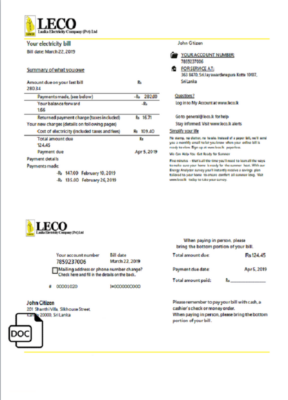 Sri Lanka LECO Company electricity utility bill template in Word and PDF format