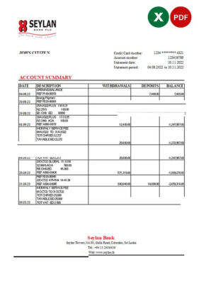 Sri Lanka Seylan bank statement, Excel and PDF template