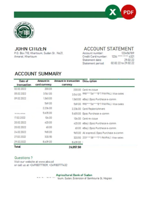 Sudan Agricultural Bank of Sudan bank statement, Excel and PDF template