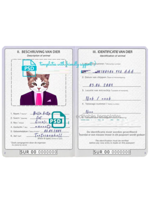 Suriname cat (animal, pet) passport PSD template, fully editable